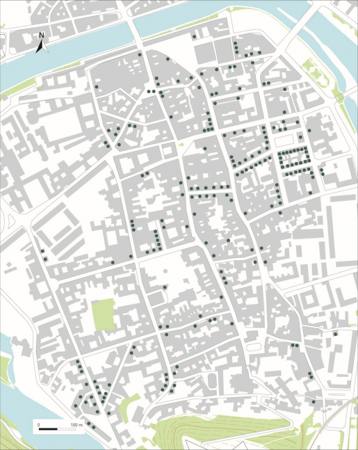 Carte de répartition des immeubles du XIXe siècle. Source : couche "patrimoine" du système d'information géographique de la ville. © Dominique Morin, Mathias Papigny / Région Bourgogne-Franche-Comté, Inventaire du patrimoine - 2013