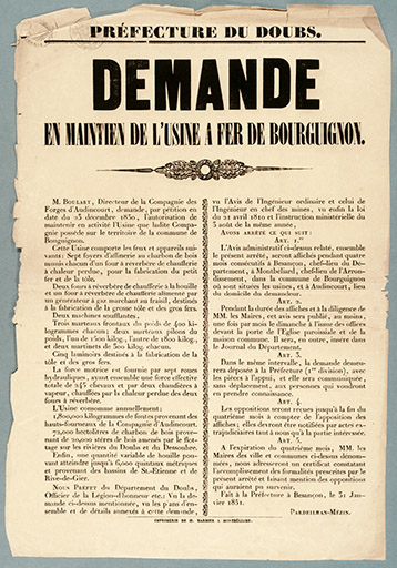 Affiche de demande en maintien de l’usine à fer de Bourguignon, 1851. © Jérôme Mongreville / Région Bourgogne-Franche-Comté, Inventaire du patrimoine - 2013