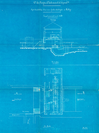 Projet d’installation d’une usine hydroélectrique à Mathay - Cie des Forges d’Audincourt. Plan n°5, coupe transversale et vue en plan, tirage à l’ammoniac, s.d. [1912] © Jérôme Mongreville / Région Bourgogne-Franche-Comté, Inventaire du patrimoine - 2013