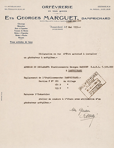Papier à en-tête des Ets Georges Marguet, 1953 © Jérôme Mongreville / Région Bourgogne-Franche-Comté, Inventaire du patrimoine - 2013 Papier à en-tête des Ets Georges Marguet, 1953 © Jérôme Mongreville / Région Bourgogne-Franche-Comté, Inventaire du patrimoine - 2013