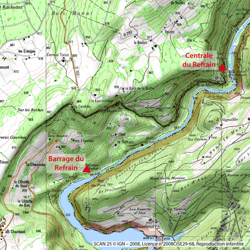 Localisation du barrage et de la centrale, sur la carte IGN au 1/25 000. © Mathias Papigny / Région Bourgogne-Franche-Comté, Inventaire du patrimoine - 2013 Localisation du barrage et de la centrale, sur la carte IGN au 1/25 000. © Mathias Papigny / Région Bourgogne-Franche-Comté, Inventaire du patrimoine - 2013