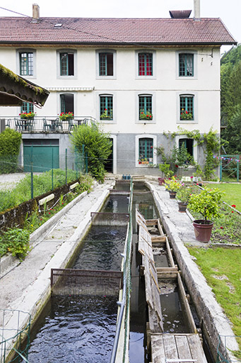 Moulin, façade antérieure : bief d'amenée transformé en vivier. © Yves Sancey / Région Bourgogne-Franche-Comté, Inventaire du patrimoine - 2013