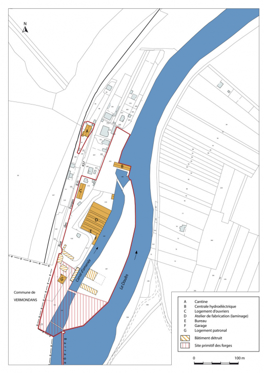 Plan-masse et de situation. Extrait du plan cadastral numérisé, section D, échelle 1:2000. © Mathias Papigny / Région Bourgogne-Franche-Comté, Inventaire du patrimoine - 2014