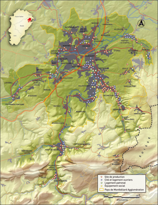 Carte du patrimoine industriel du Pays de Montbéliard. Fonds IGN, 2014. © Mathias Papigny / Région Bourgogne-Franche-Comté, Inventaire du patrimoine - 2014