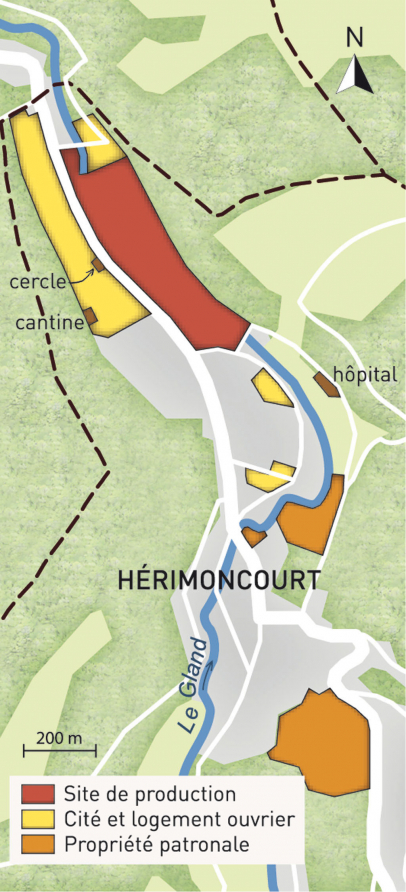 Carte du patrimoine industriel Peugeot (commune d'Hérimoncourt). Fonds cartographique IGN, 2014. © Mathias Papigny / Région Bourgogne-Franche-Comté, Inventaire du patrimoine - 2014