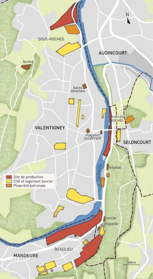 Carte du patrimoine industriel Peugeot (communes de Valentigney, Seloncourt et Mandeure). Fonds cartographique IGN, 2014. © Mathias Papigny / Région Bourgogne-Franche-Comté, Inventaire du patrimoine - 2014