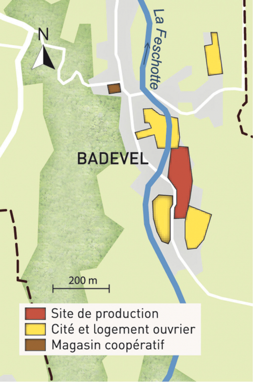 Carte du patrimoine industriel Japy (commune de Badevel). Fonds cartographique IGN, 2014. © Mathias Papigny / Région Bourgogne-Franche-Comté, Inventaire du patrimoine - 2014