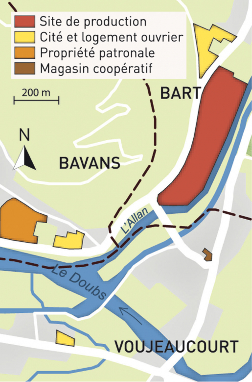 Carte du patrimoine industriel Japy (communes de Bart, Bavans et Voujeaucourt). Fonds cartographique IGN, 2014. © Mathias Papigny / Région Bourgogne-Franche-Comté, Inventaire du patrimoine - 2014