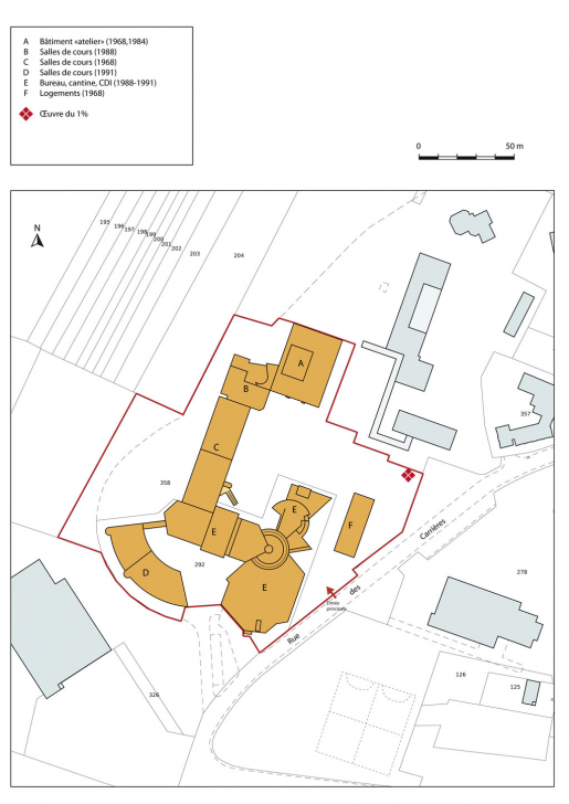 Plan-masse et de situation. Extrait du plan cadastral numérisé, section BT, échelle 1:1000. © Mathias Papigny / Région Bourgogne-Franche-Comté, Inventaire du patrimoine - 2014