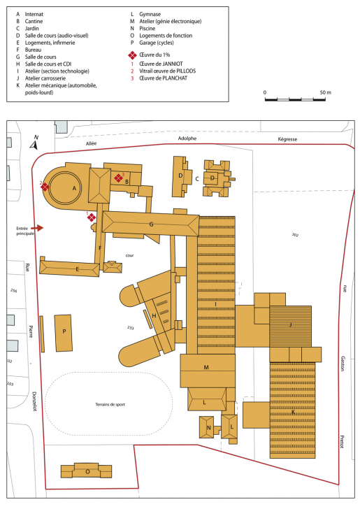 Plan-masse et de situation. Extrait du plan cadastral numérisé, sections BH et BL, échelle 1:1000. © Mathias Papigny / Région Bourgogne-Franche-Comté, Inventaire du patrimoine - 2014