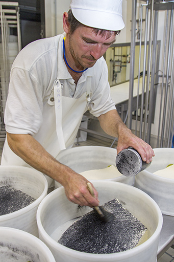 Fabrication du morbier : incorporation du charbon végétal. © Sonia Dourlot / Région Bourgogne-Franche-Comté, Inventaire du patrimoine - 2014