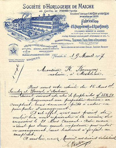 Papier à en-tête de la Société d'Horlogerie de Maîche [façade antérieure de l'usine Rotschi, dotée d'un seul étage carré], 19 mars 1907. © Laurent Poupard / Région Bourgogne-Franche-Comté, Inventaire du patrimoine - 2014