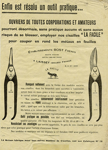 Cisaille "La Facile", document publicitaire, s.d. [vers 1930]. © Jérôme Mongreville / Région Bourgogne-Franche-Comté, Inventaire du patrimoine - 2014