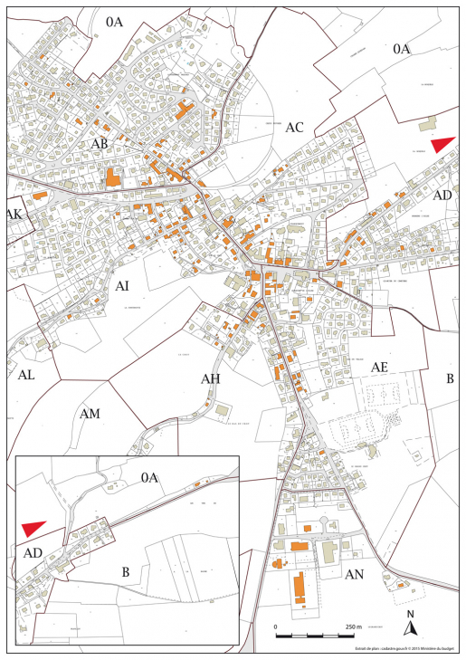 Carte de localisation des sites horlogers étudiés. Extrait du plan cadastral, 2015, sections AB à AI, AK à AN, B et OA. © Mathias Papigny / Région Bourgogne-Franche-Comté, Inventaire du patrimoine - 2015 Carte de localisation des sites horlogers étudiés. Extrait du plan cadastral, 2015, sections AB à AI, AK à AN, B et OA. © Mathias Papigny / Région Bourgogne-Franche-Comté, Inventaire du patrimoine - 2015