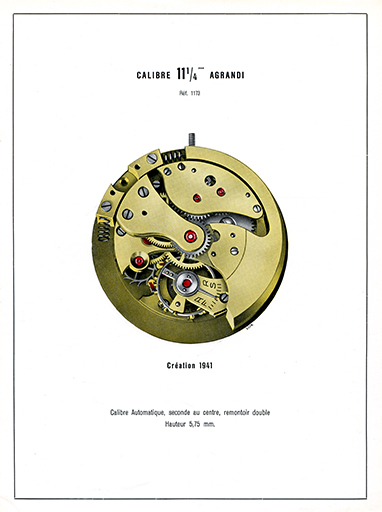 Calibre 11 1/4''' agrandi. Ref. 1173. Création 1941. Calibre Automatique, seconde au centre, remontoir double. Hauteur 5,75 mm, 1949. © Laurent Poupard / Région Bourgogne-Franche-Comté, Inventaire du patrimoine - 2015 Calibre 11 1/4''' agrandi. Ref. 1173. Création 1941. Calibre Automatique, seconde au centre, remontoir double. Hauteur 5,75 mm, 1949. © Laurent Poupard / Région Bourgogne-Franche-Comté, Inventaire du patrimoine - 2015