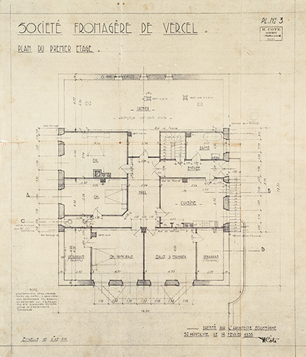 Société fromagère de Vercel. Plan du 1er étage, 1938. © Jérôme Mongreville / Région Bourgogne-Franche-Comté, Inventaire du patrimoine - 2015