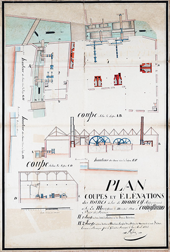 Plan, coupes et élévations des usines à fer de Moncey [...], 1828. © Jérôme Mongreville / Région Bourgogne-Franche-Comté, Inventaire du patrimoine - 2015