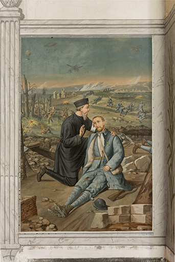 Peinture représentant un soldat secouru par un infirmier. © Sonia Dourlot / Région Bourgogne-Franche-Comté, Inventaire du patrimoine - 2015