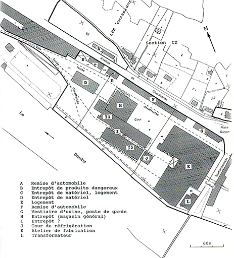 Plan-masse de la partie occidentale du site industriel (usine B). Extrait du plan cadastral, 1982, section DH, 1/1 000 réduit à 1/2 000. © André Céréza / Région Bourgogne-Franche-Comté, Inventaire du patrimoine - 2016