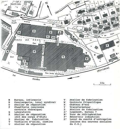 Plan-masse de la partie centrale du site industriel (usine A). Extrait du plan cadastral, 1982, section DH, 1/1 000 réduit à 1/2 000. © André Céréza / Région Bourgogne-Franche-Comté, Inventaire du patrimoine - 2016