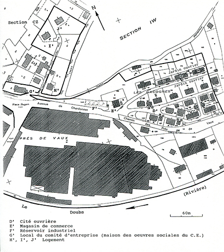 Plan-masse de la partie résidentielle du site. Extrait du plan cadastral, 1982, section DH, 1/1 000 réduit à 1/2 000. © André Céréza / Région Bourgogne-Franche-Comté, Inventaire du patrimoine - 2016