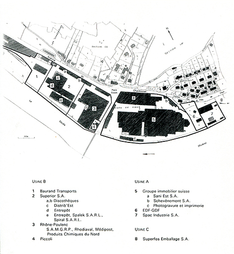 Plan de localisation des sociétés occupant le site en 1992. D'après le plan cadastral, 1982, section DH, 1/1 000 réduit à l'échelle approximative 1/4 000. © André Céréza / Région Bourgogne-Franche-Comté, Inventaire du patrimoine - 2016