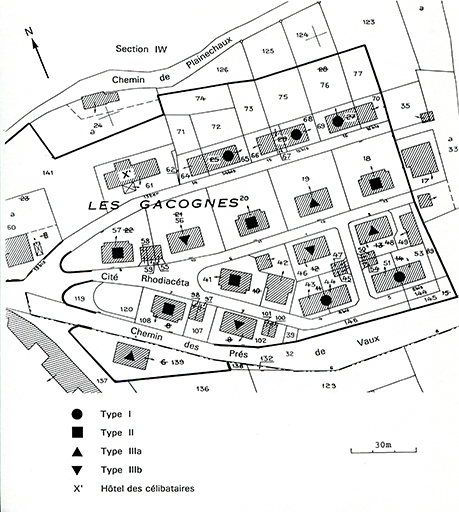 Plan typologique de la cité ouvrière. Extrait du plan cadastral, 1982, section DH, 1/1 000. © André Céréza / Région Bourgogne-Franche-Comté, Inventaire du patrimoine - 2016
