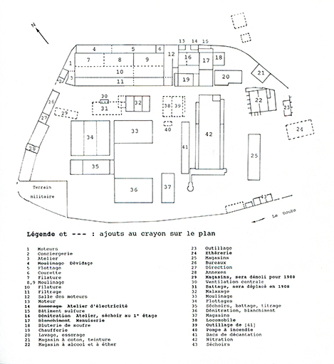 Distribution des ateliers en 1906. Croquis d'après le plan de 1906, échelle approximative 1/500. © André Céréza / Région Bourgogne-Franche-Comté, Inventaire du patrimoine - 2016