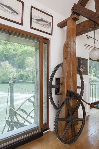 Etage du moulin. Mécanisme de levage de la roue hydraulique. © Jérôme Mongreville / Région Bourgogne-Franche-Comté, Inventaire du patrimoine - 2016