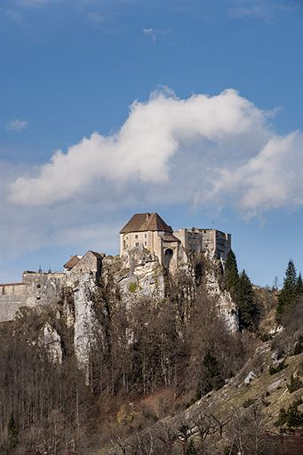 Vue sur le château depuis le village à l'est. © Jérôme Mongreville / Région Bourgogne-Franche-Comté, Inventaire du patrimoine - 2016