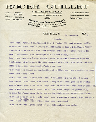 Papier à en-tête de Roger Guillet, 24 novembre 1928. © Laurent Poupard / Région Bourgogne-Franche-Comté, Inventaire du patrimoine - 2016 Papier à en-tête de Roger Guillet, 24 novembre 1928. © Laurent Poupard / Région Bourgogne-Franche-Comté, Inventaire du patrimoine - 2016