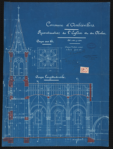 Plan présentant le projet de reconstruction du clocher et de la nef, coupe longitudinale. © Sonia Dourlot (reproduction) / Région Bourgogne-Franche-Comté, Inventaire du patrimoine - 2016