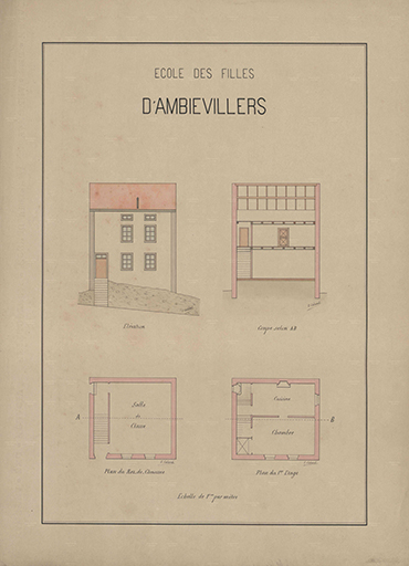Plan de l'école des filles : élévation, coupe, rez-de-chaussée et 1er étage. © Guillaume Gézolme / Archives départementales de la Haute-Saône - 2016