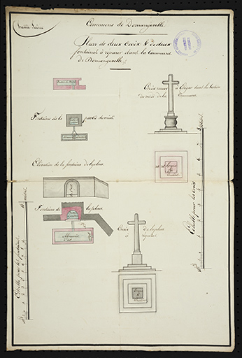 Plan de deux croix et fontaines à réparer.  © Sonia Dourlot (reproduction) / Région Bourgogne-Franche-Comté, Inventaire du patrimoine - 2016 Plan de deux croix et fontaines à réparer.  © Sonia Dourlot (reproduction) / Région Bourgogne-Franche-Comté, Inventaire du patrimoine - 2016