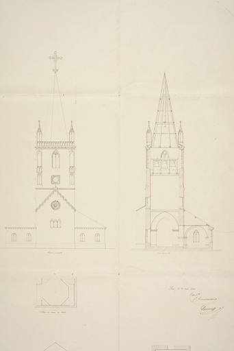 Plan de reconstruction de la partie supérieure du clocher et restauration du choeur de l'église. (détail) 1844 © Sonia Dourlot (reproduction) / Région Bourgogne-Franche-Comté, Inventaire du patrimoine - 2016