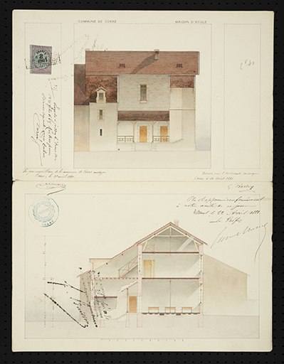 Plans des l'école de filles établis par G. Barbey en 1880 : façade antérieure et coupe transversale. © Sonia Dourlot (reproduction) / Région Bourgogne-Franche-Comté, Inventaire du patrimoine - 2016 Plans des l'école de filles établis par G. Barbey en 1880 : façade antérieure et coupe transversale. © Sonia Dourlot (reproduction) / Région Bourgogne-Franche-Comté, Inventaire du patrimoine - 2016