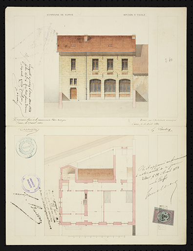 Plans des l'école de filles établis par G. Barbey en 1880 : façade postérieure et plan de l'étage. © Sonia Dourlot (reproduction) / Région Bourgogne-Franche-Comté, Inventaire du patrimoine - 2016 Plans des l'école de filles établis par G. Barbey en 1880 : façade postérieure et plan de l'étage. © Sonia Dourlot (reproduction) / Région Bourgogne-Franche-Comté, Inventaire du patrimoine - 2016