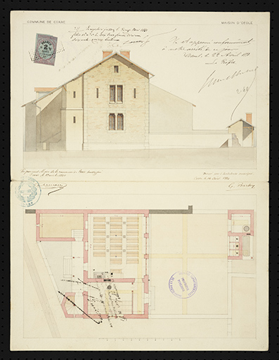 Plans des l'école de filles établis par G. Barbey en 1880 : élévation des pignons et côté ouest, plan du rez-de-chaussée.  © Sonia Dourlot (reproduction) / Région Bourgogne-Franche-Comté, Inventaire du patrimoine - 2016 Plans des l'école de filles établis par G. Barbey en 1880 : élévation des pignons et côté ouest, plan du rez-de-chaussée.  © Sonia Dourlot (reproduction) / Région Bourgogne-Franche-Comté, Inventaire du patrimoine - 2016