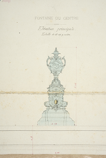 Fontaine du centre. Elévation principale. [Détail du plan] 1867 © Sonia Dourlot (reproduction) / Région Bourgogne-Franche-Comté, Inventaire du patrimoine - 2016