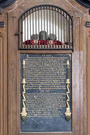 Vue générale de l'épitaphe de la princesse de Croy et de la baronne de Franquemont. © Sonia Dourlot / Région Bourgogne-Franche-Comté, Inventaire du patrimoine - 2016 Vue générale de l'épitaphe de la princesse de Croy et de la baronne de Franquemont. © Sonia Dourlot / Région Bourgogne-Franche-Comté, Inventaire du patrimoine - 2016
