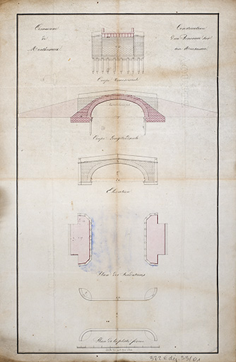 Reconstruction du pont au dessus du ruisseau la Sacquelle : coupe transversale et coupe longitudinale (1841). © Jérôme  Mongreville (reproduction) / Région Bourgogne-Franche-Comté, Inventaire du patrimoine - 2016 Reconstruction du pont au dessus du ruisseau la Sacquelle : coupe transversale et coupe longitudinale (1841). © Jérôme  Mongreville (reproduction) / Région Bourgogne-Franche-Comté, Inventaire du patrimoine - 2016