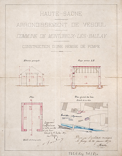 Projet de construction d'une rémise à pompe (1870). © Jérôme  Mongreville (reproduction) / Région Bourgogne-Franche-Comté, Inventaire du patrimoine - 2016 Projet de construction d'une rémise à pompe (1870). © Jérôme  Mongreville (reproduction) / Région Bourgogne-Franche-Comté, Inventaire du patrimoine - 2016