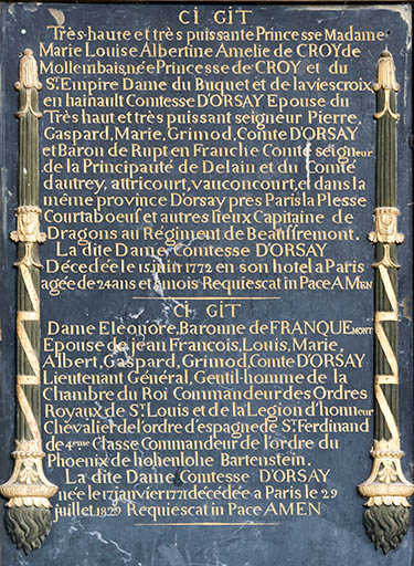 Epitaphes de la princesse de Croy, épouse de Pierre Gaspard Grimod comte d'Orsay, et de dame Eléonore baronne de Franquemont, épouse d'Albert Gaspard Grimod comte d'Orsay. © Sonia Dourlot / Région Bourgogne-Franche-Comté, Inventaire du patrimoine - 2016 Epitaphes de la princesse de Croy, épouse de Pierre Gaspard Grimod comte d'Orsay, et de dame Eléonore baronne de Franquemont, épouse d'Albert Gaspard Grimod comte d'Orsay. © Sonia Dourlot / Région Bourgogne-Franche-Comté, Inventaire du patrimoine - 2016