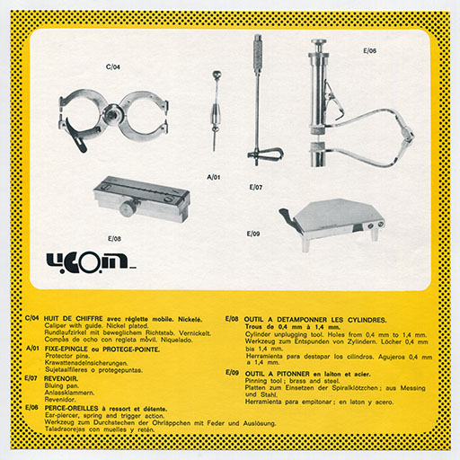 Huit de chiffre, fixe-épingle ou protège-pointe, revenoir, perce-oreilles, outil à détamponner les cylindres et outil à pitonner, s.d. [années 1960-1970]. © Laurent Poupard / Région Bourgogne-Franche-Comté, Inventaire du patrimoine - 2017
