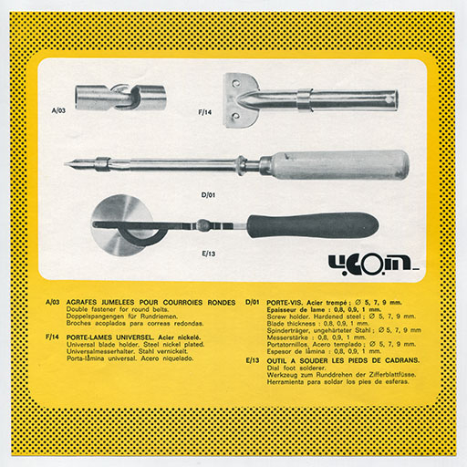Agrafes jumelées pour courroies rondes, porte-lames universel, porte-vis et outil à souder les pieds de cadran, s.d. [années 1960-1970]. © Laurent Poupard / Région Bourgogne-Franche-Comté, Inventaire du patrimoine - 2017