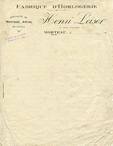 Papier à en-tête d'Henri Leiser, décennie 1920. © Laurent Poupard / Région Bourgogne-Franche-Comté, Inventaire du patrimoine - 2017 Papier à en-tête d'Henri Leiser, décennie 1920. © Laurent Poupard / Région Bourgogne-Franche-Comté, Inventaire du patrimoine - 2017