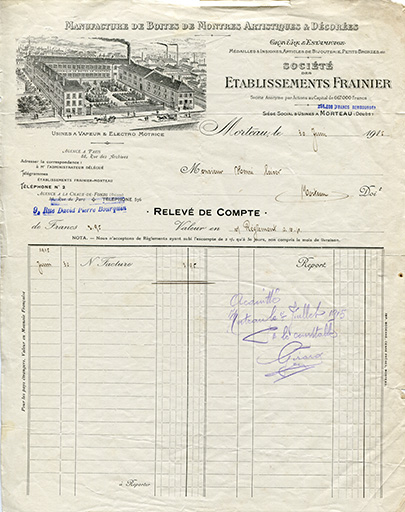 Premier papier à en-tête de la société des Ets Frainier, 30 juin 1915. © Laurent Poupard / Région Bourgogne-Franche-Comté, Inventaire du patrimoine - 2017