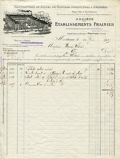 Deuxième papier à en-tête de la société des Ets Frainier, 30 juin 1915. © Laurent Poupard / Région Bourgogne-Franche-Comté, Inventaire du patrimoine - 2017