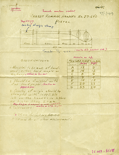 Dessin technique d'un manche de marteau de ciseleur envoyé par la société Hammel, Riglander & Co, 27 janvier 1959. © Sonia Dourlot / Région Bourgogne-Franche-Comté, Inventaire du patrimoine - 2017 Dessin technique d'un manche de marteau de ciseleur envoyé par la société Hammel, Riglander & Co, 27 janvier 1959. © Sonia Dourlot / Région Bourgogne-Franche-Comté, Inventaire du patrimoine - 2017
