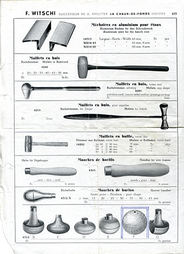 Exemples de manches fabriqués par Félix Coulot [catalogue de fournitures de la société F. Witschi, p. 253], années 1950 ? © Laurent Poupard / Région Bourgogne-Franche-Comté, Inventaire du patrimoine - 2017